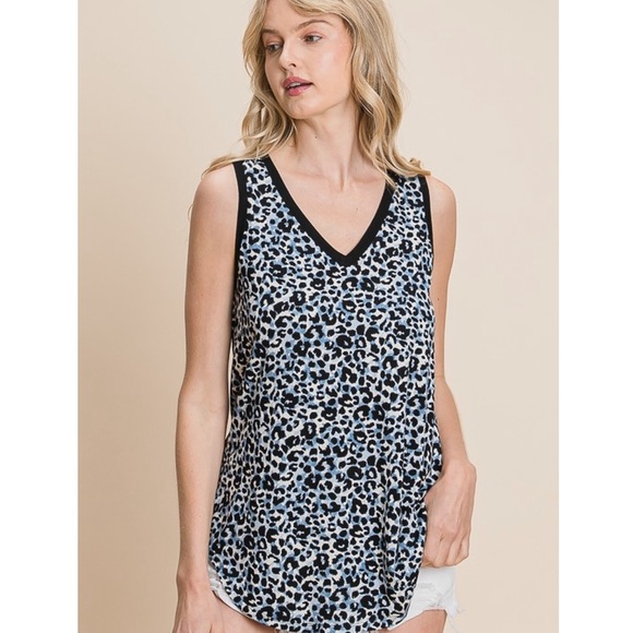 Blue Leopard Print Tank Top Tunic Leggings Top Summer Tanks Animal Print - Picture 2 of 6